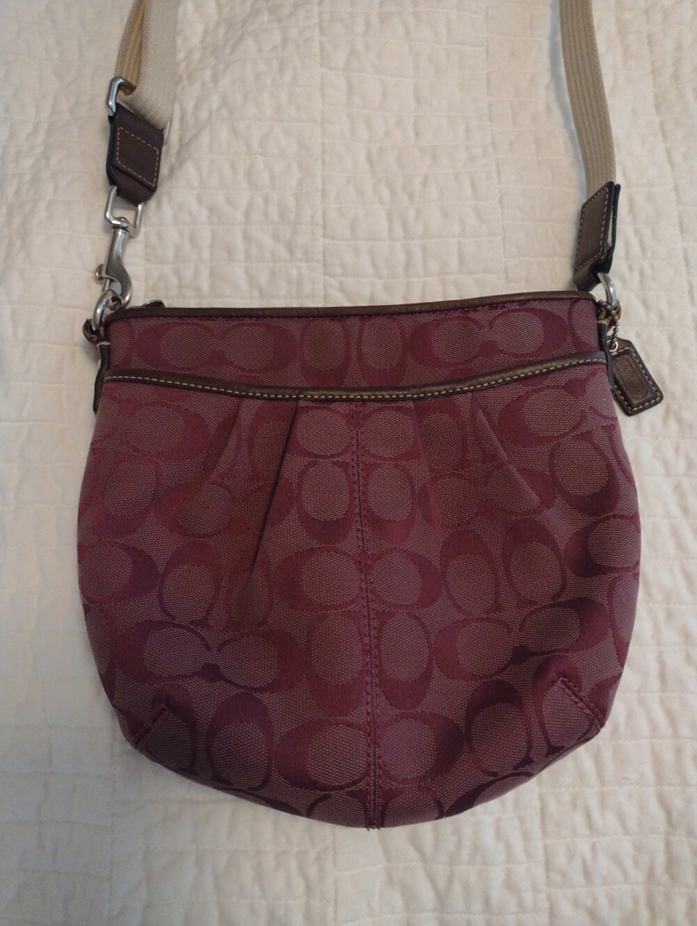 Coach Purple Signature Logo Crossbody Bag Zip Top Adjustable Strap Silver Brown
